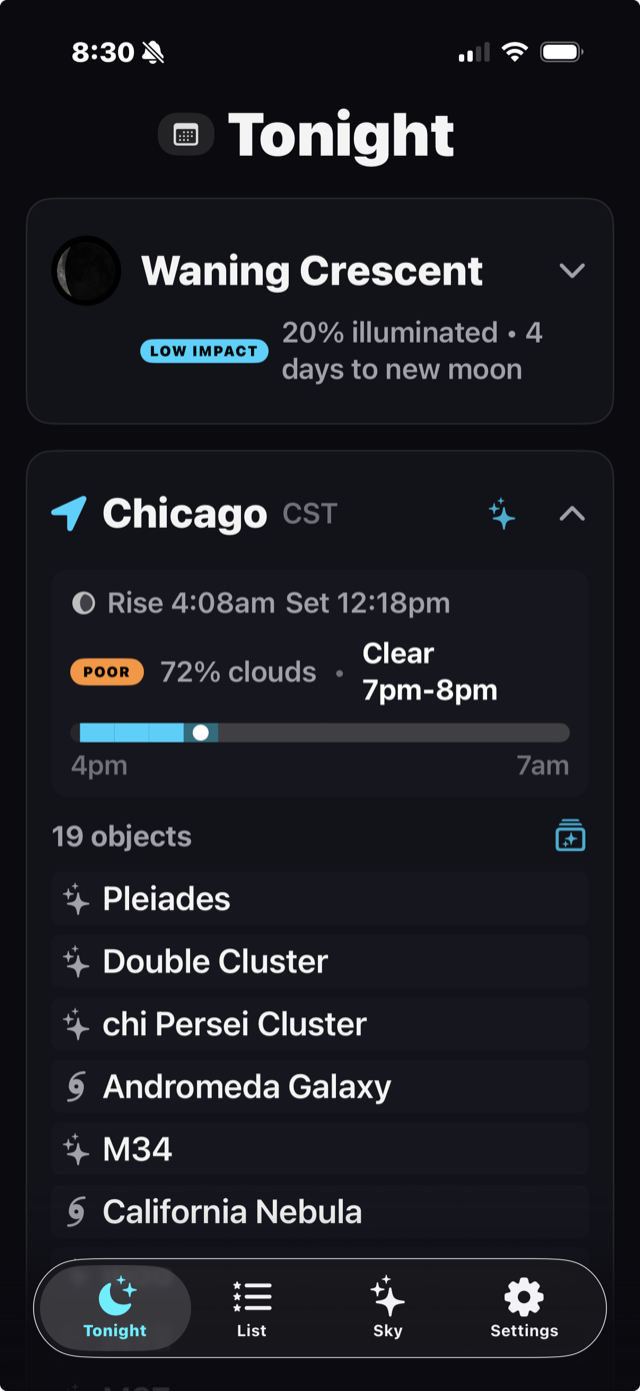AstraView Tonight Tab showing personalized observing recommendations